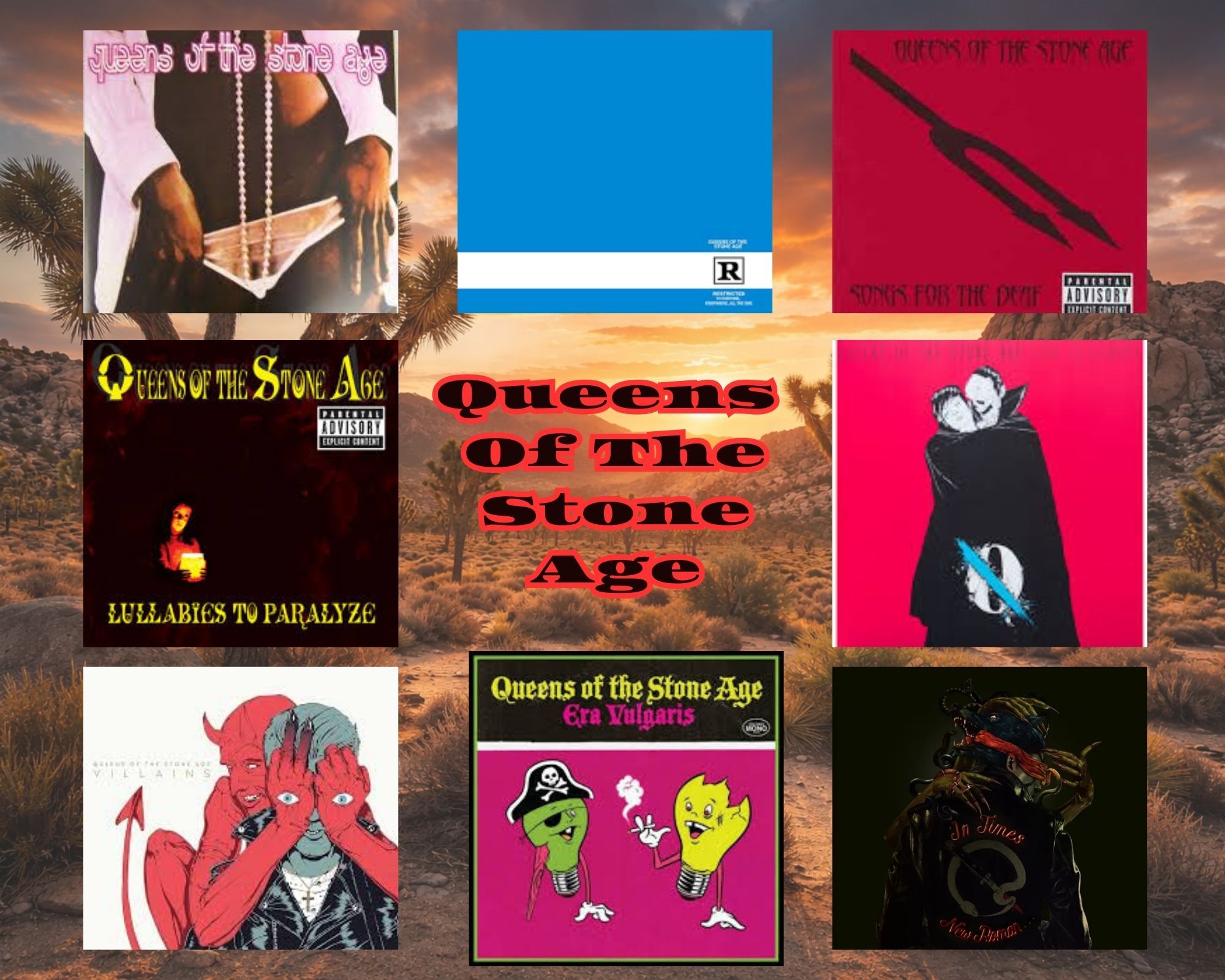 Collage con las portadas de los discos de Queens of the Stone Age ordenadas cronológicamente