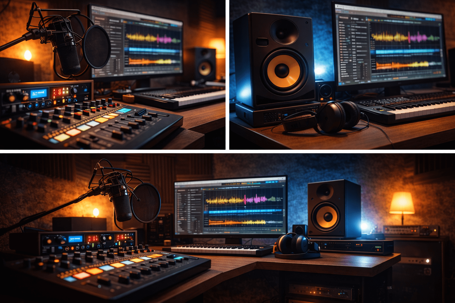 Estudio personal de música en casa con monitores, interfaz de audio y tratamiento acústico