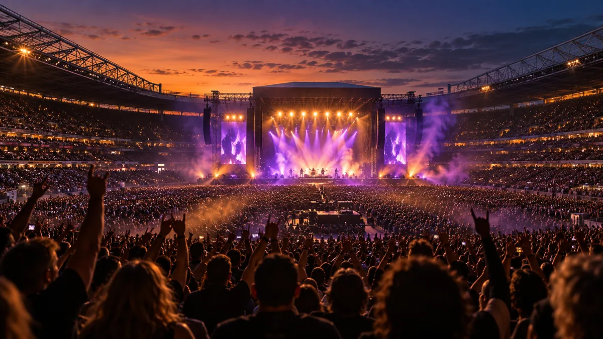 Estadio de fútbol iluminado de noche durante un gran concierto de rock con público