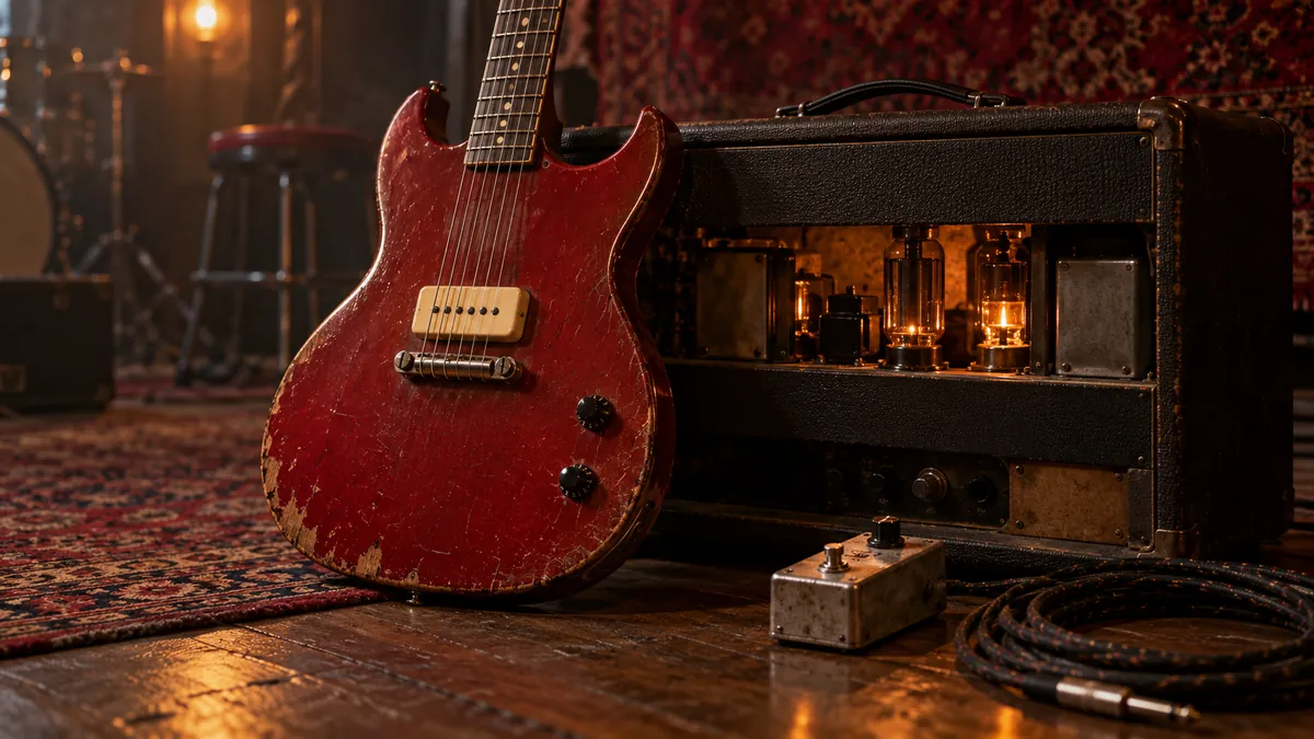 Guitarra eléctrica roja de doble cuerno apoyada en un amplificador de válvulas