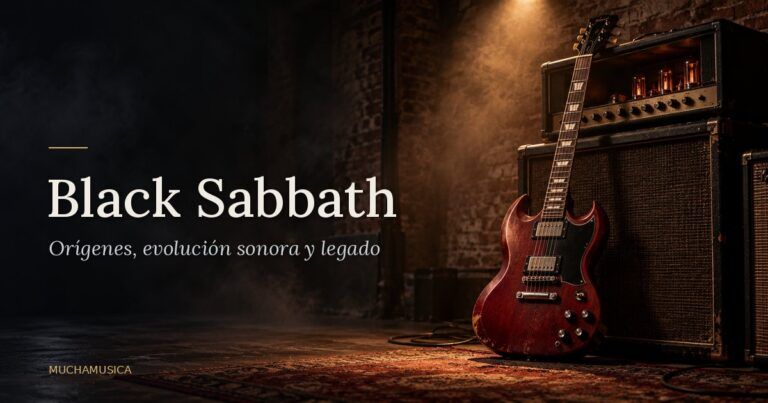 Guitarra eléctrica roja de doble cuerno junto a un amplificador de válvulas en penumbra