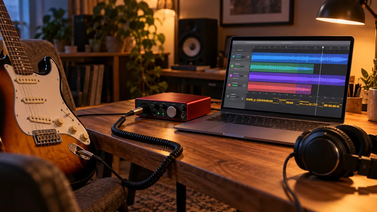Guitarra eléctrica conectada a una interfaz de audio junto a un portátil con un DAW abierto
