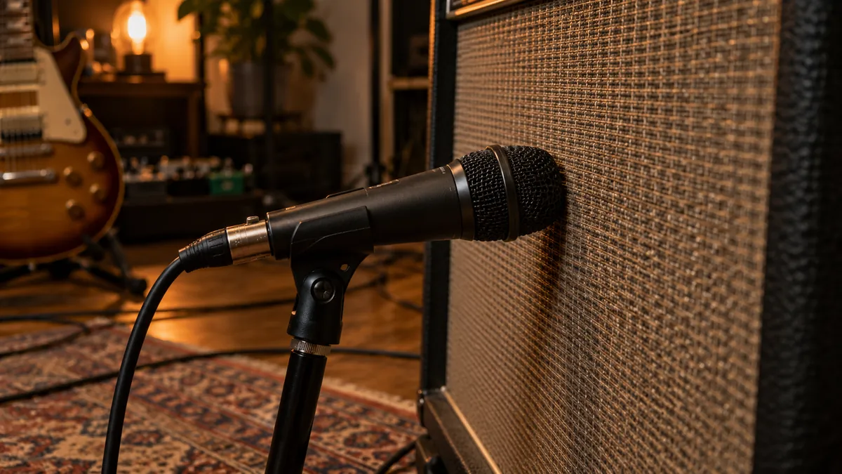 Micrófono dinámico colocado frente al altavoz de un amplificador de guitarra en un home studio
