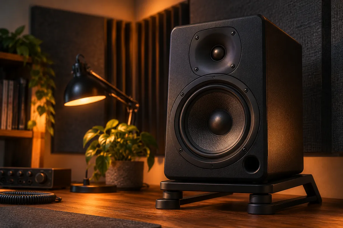 Monitor de estudio sobre soporte aislante frente a paneles acústicos en un home studio