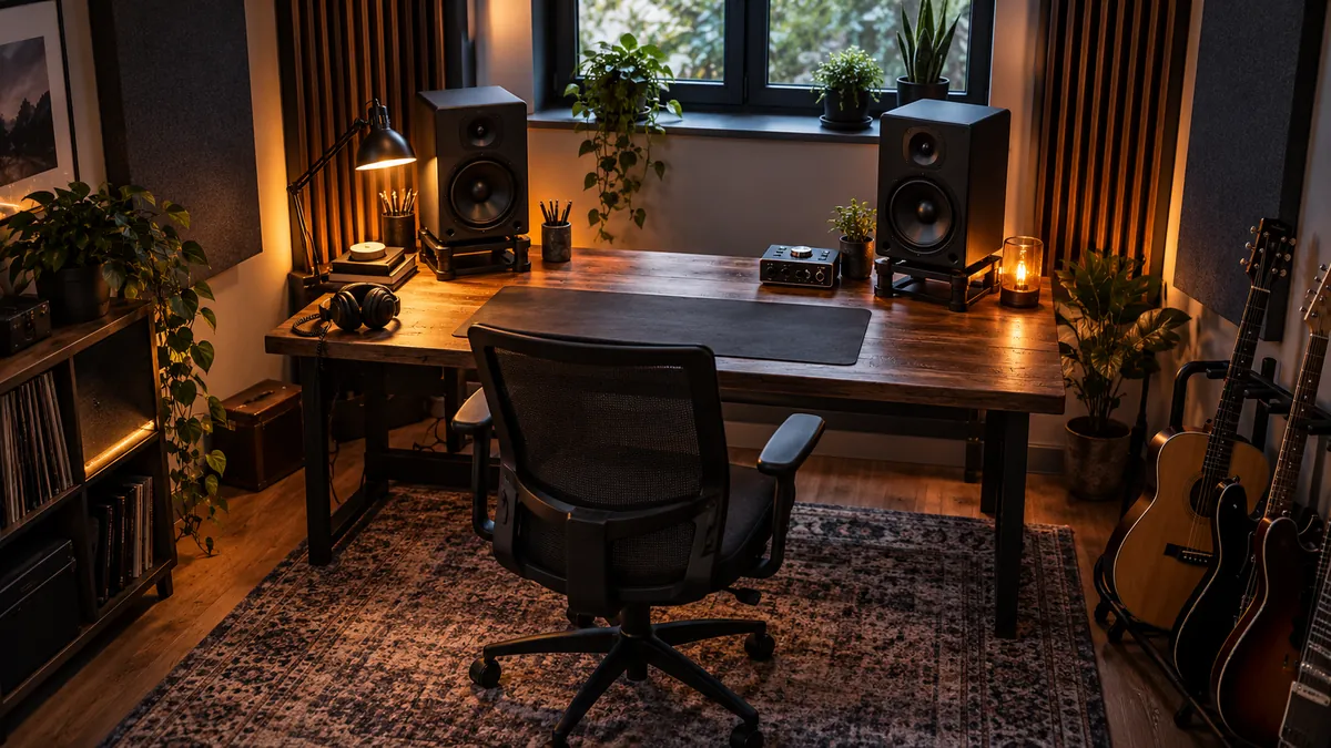 Escritorio de home studio con dos monitores formando un triángulo con la silla