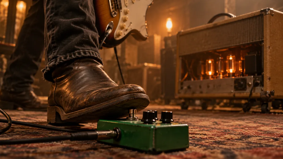 Guitarrista pisando un pedal de overdrive frente a un amplificador de válvulas en un local de ensayo