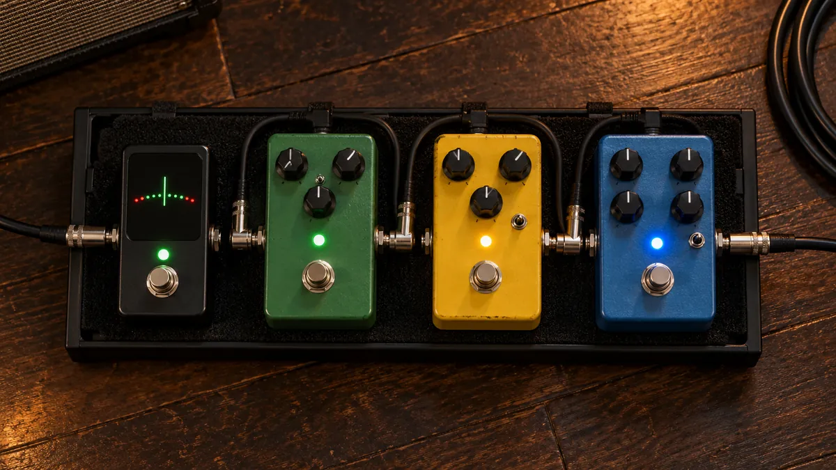 Pedales de overdrive conectados en una pedalera junto a un afinador y un delay