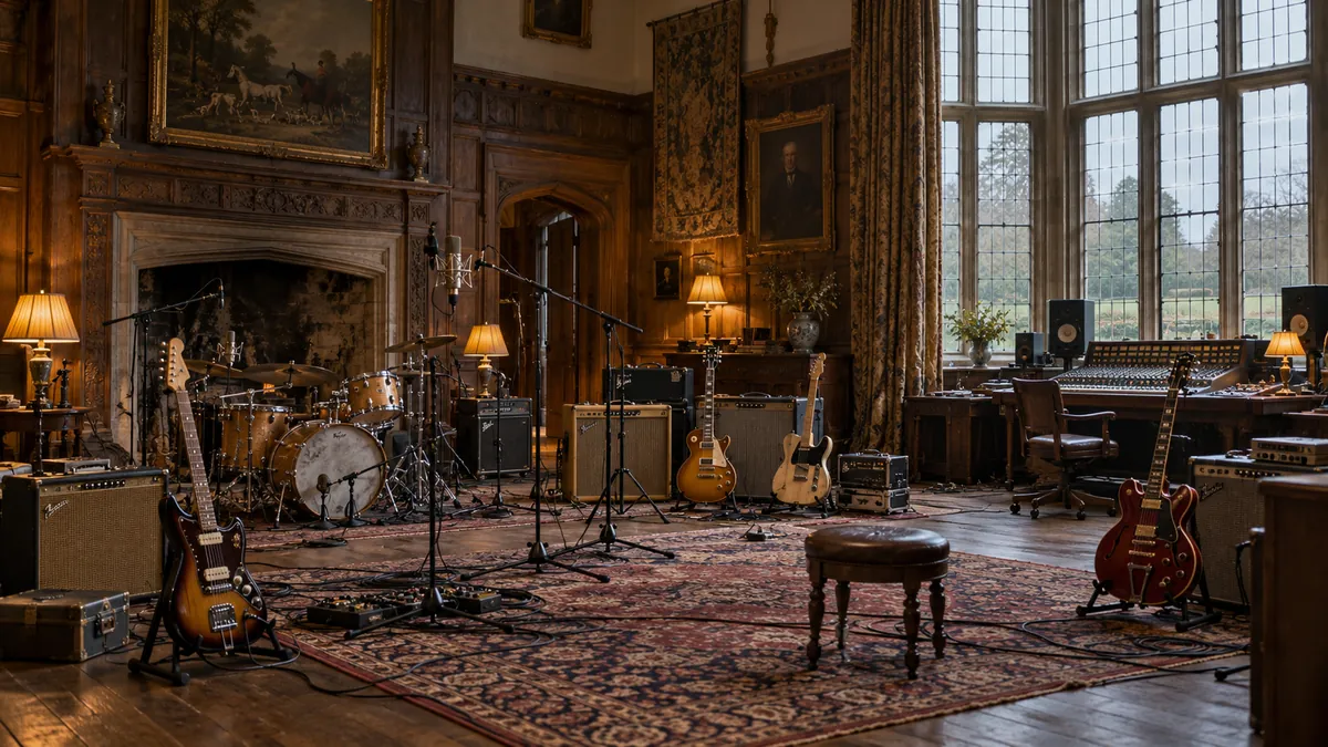 Sala de una mansión antigua convertida en estudio con guitarras, amplificadores y micrófonos