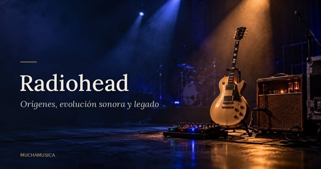 Escenario oscuro con guitarra eléctrica, pedales y luces azules difusas entre la niebla