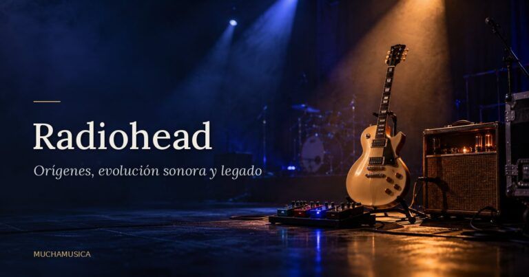 Escenario oscuro con guitarra eléctrica, pedales y luces azules difusas entre la niebla