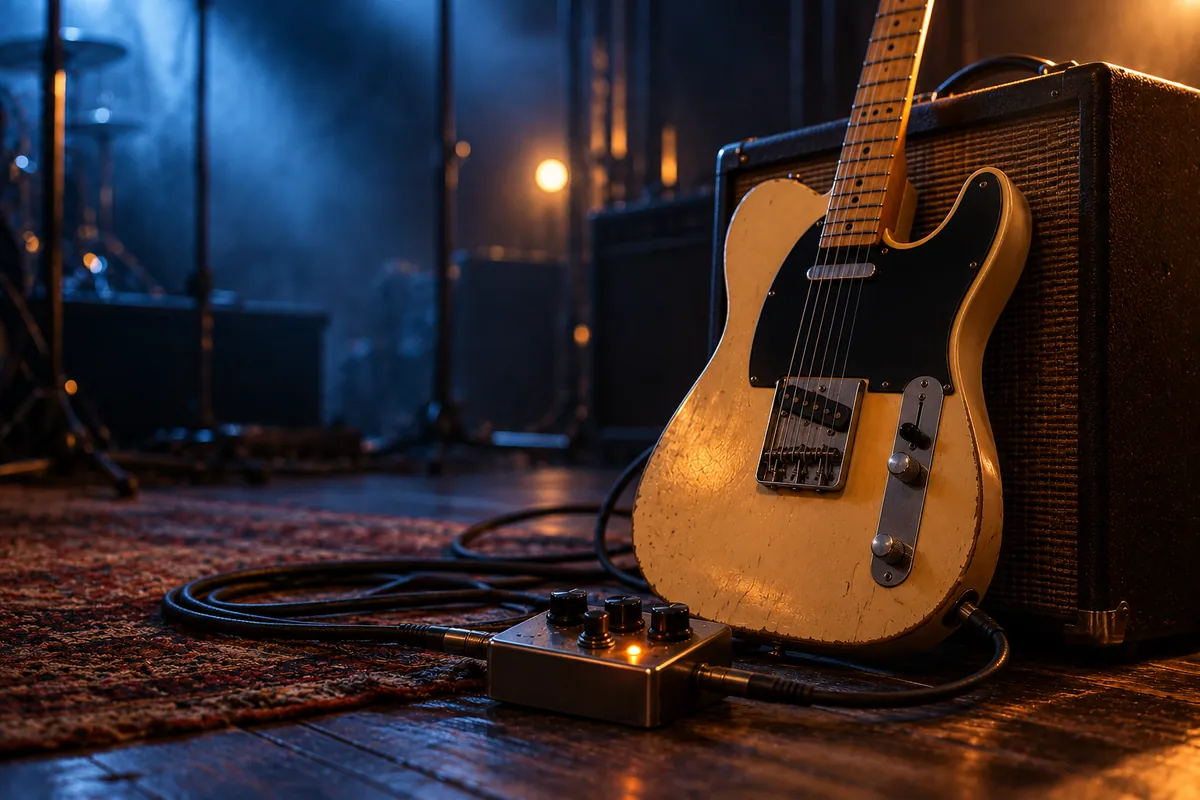 Guitarra eléctrica tipo Telecaster junto a un pedal de delay analógico sobre un escenario