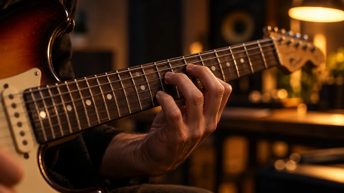 Mano de guitarrista pisando notas de una escala en el mástil de una guitarra eléctrica