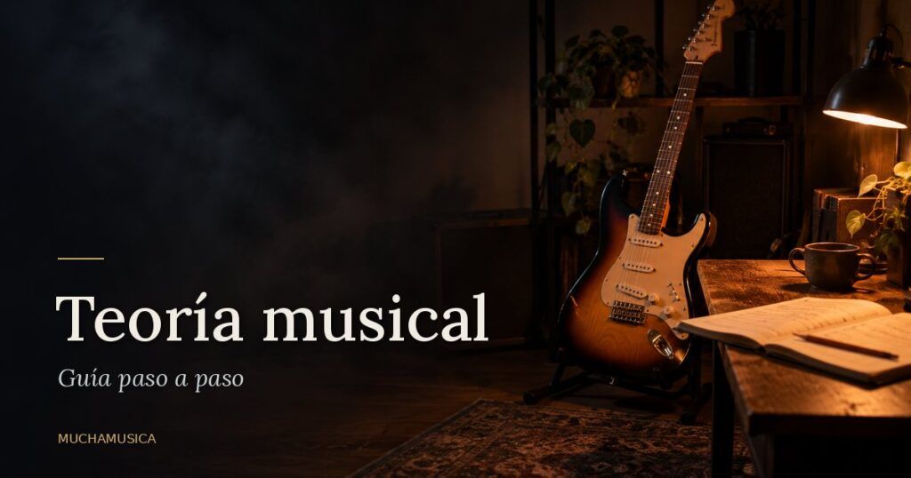 Guitarra eléctrica apoyada en un soporte junto a un cuaderno de música abierto en penumbra